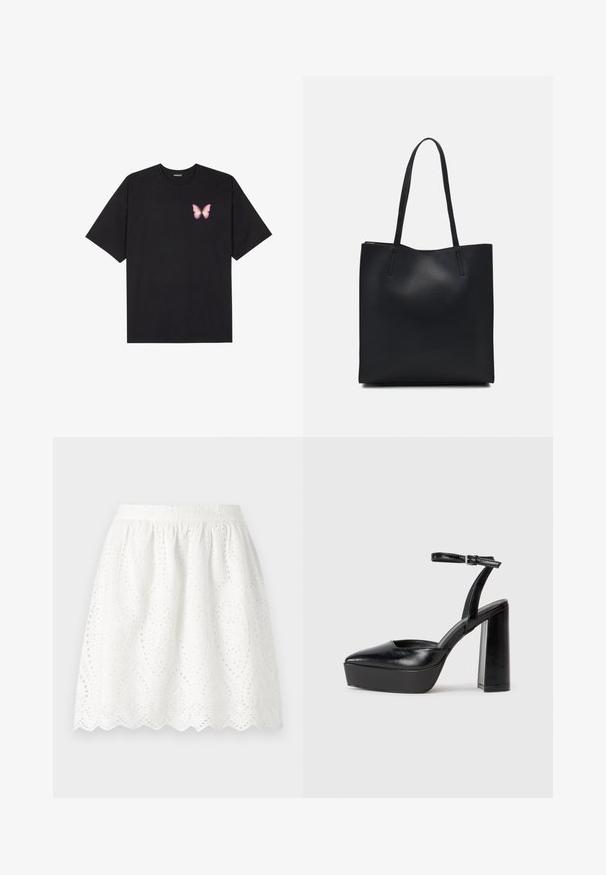 Black cotton t-shirt with short sleeves, featuring a small pink butterfly graphic on the left chest. Crew neck design with a relaxed fit.; White eyelet skirt with a scalloped hem. Features a gathered waistband and intricate pierced patterns throughout the fabric.; Black platform heels with a pointed toe and adjustable ankle strap. Constructed from smooth leather, featuring a chunky block heel.; Black leather tote bag with smooth texture, rectangular shape, and two long handles. No visible hardware or embellishments.