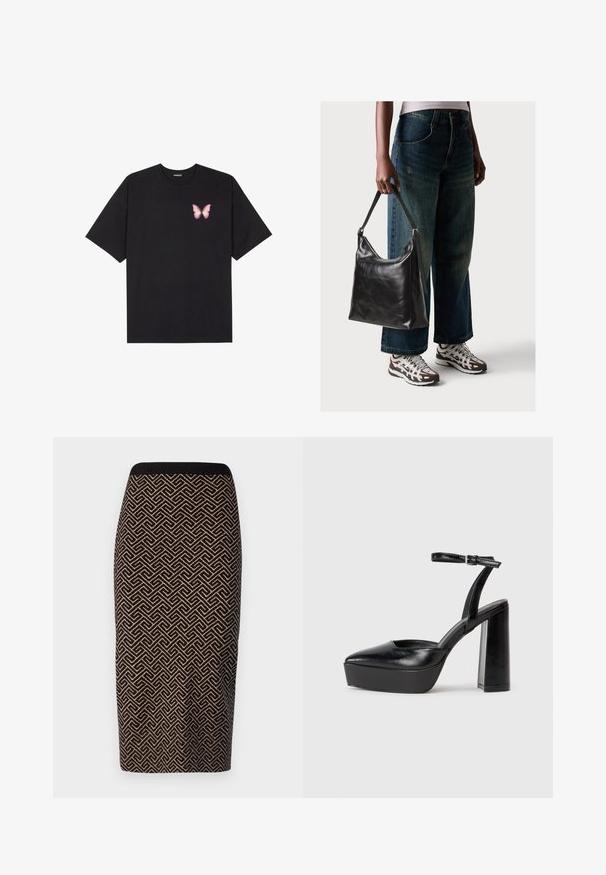 Tricou negru din bumbac cu mâneci scurte, având pe partea stângă a pieptului un mic grafic cu un fluture roz. Design cu guler rotund și croială lejeră.; Fustă tip creion tricotată, în negru și bej, cu un model geometric. Dispune de un brâu cu dungi și o siluetă ajustată.; Pantofi cu toc platformă negri, cu vârful ascuțit și curea reglabilă la gleznă. Confecționați din piele netedă, având un toc gros.; Geantă de umăr din piele neagră, cu o textură netedă și curea ajustabilă, asortată cu blugi evazați și adidași.