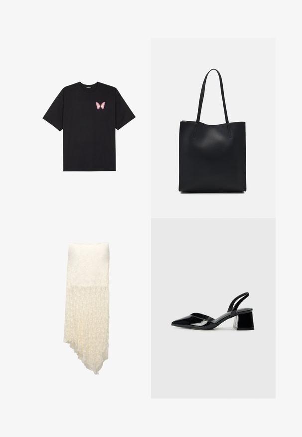 T-shirt nera in cotone con maniche corte, caratterizzata da una piccola grafica di una farfalla rosa sul lato sinistro del petto. Design a girocollo con una vestibilità rilassata.; Gonna avvolgente bianca e testurizzata con un orlo asimmetrico, caratterizzata da un motivo pieghettato che passa gradualmente da opaco a semi-trasparente.; Décolleté in vernice nera con punta affusolata e tacco in geometria cubica. Presentano un design elegante e minimalista, con una texture liscia.; Borsa tote in pelle nera con texture liscia, forma rettangolare e due manici lunghi. Nessun hardware o decorazione visibile.