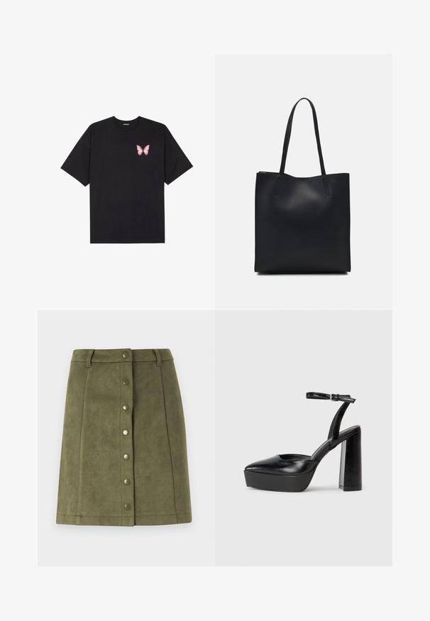 Fekete pamut póló rövid ujjakkal, bal mellkason egy kis rózsaszín pillangó grafikával. Kerek nyakú kialakítás, laza fazonnal.; Olívazöld szoknya puha, suede-szerű anyagból. Elöl fémből készült gombos záródással és egyenes vonalvezetésű fazonnal rendelkezik.; Fekete platform magassarkú cipők hegyes orral és állítható bokapánttal. Sima bőrből készült, vastag talppal.; Fekete bőrtáska sima felszínnel, téglalap alakú, két hosszú füllel. Nincs látható fémkiegészítő vagy díszítés.