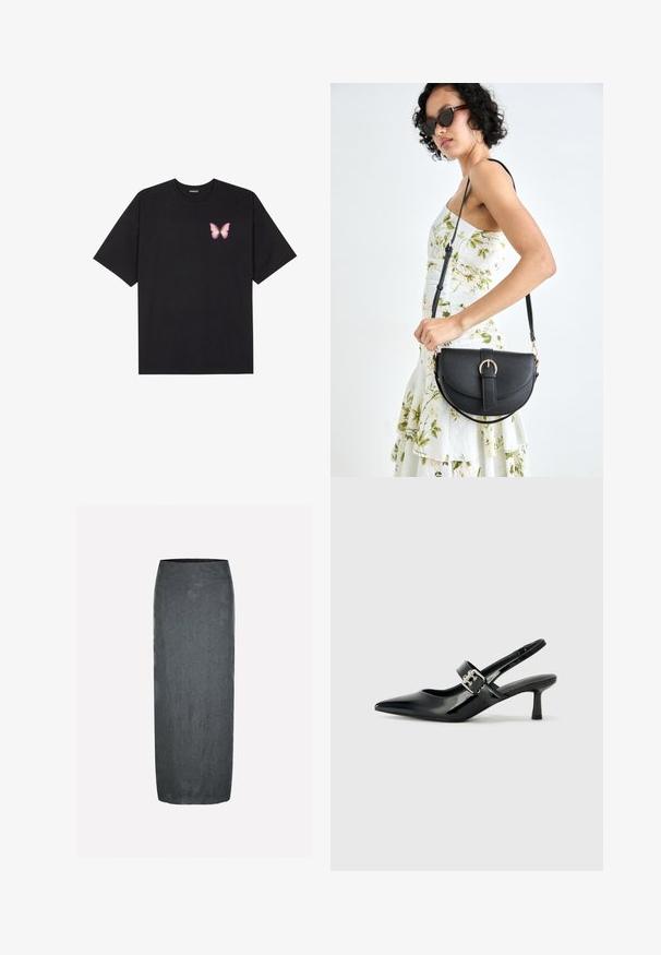 Svart bomulls T-skjorte med korte ermer, med en liten rosa sommerfugl grafikk på venstre bryst. Crew-neck design med en avslappet passform.; Mørkegrå midiskjørt med en glatt tekstur og blomsterprenta mønster. Har en tettsittende, høy midje med en enkel, elegant silhuett.; Svarte patent lær slingback hæler med spiss tå og en liten blokkheel, med en sølvspenne som detalj på stroppen.; Svart lærveske med en buet form, avtagbar stropp og gullbeslag. Vesken har et klaff med spenne-detall.