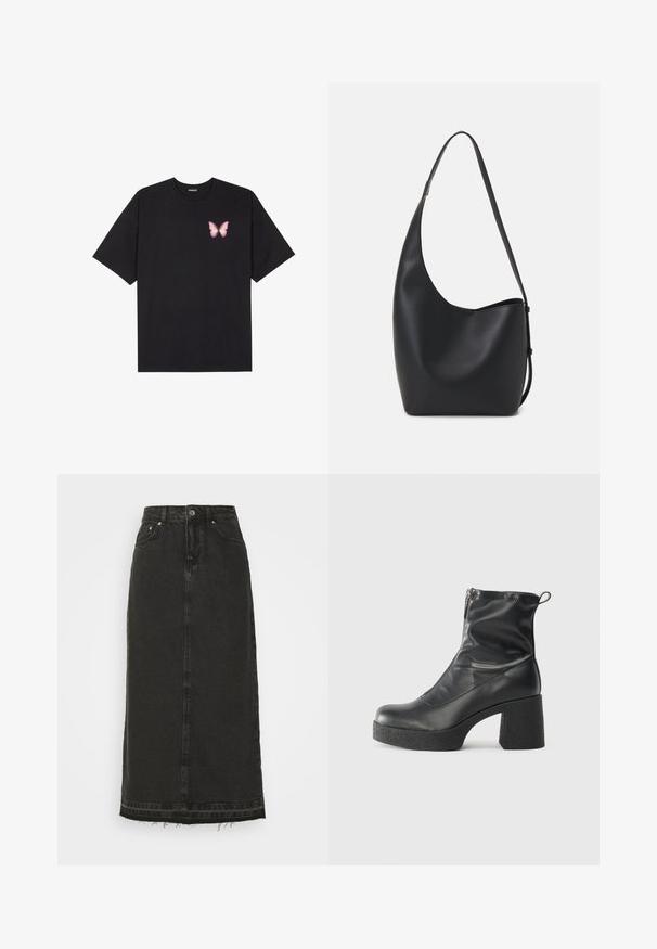 Črna bombažna majica s kratkimi rokavi, ki ima majhen roza metuljček na levi strani prsnega dela. Majica s krožnim ovratnikom in sproščenim krojem.; Črna denim midi krila z oprijetim pasom, sprednjim gumbnim zapiranjem in razfrkanim robom. Ima klasičen dizajn s petimi žepi in rahlo teksturo.; Črne gležnjarje iz gladke kože z božnim zadrgo, masivnim teksturiranim peto in zaobljeno obliko prstov.; Črna usnjena hobo torba z gladko teksturo, ukrivljeno obliko in eno nastavljivo naramnico; ima širok odprtina na vrhu.