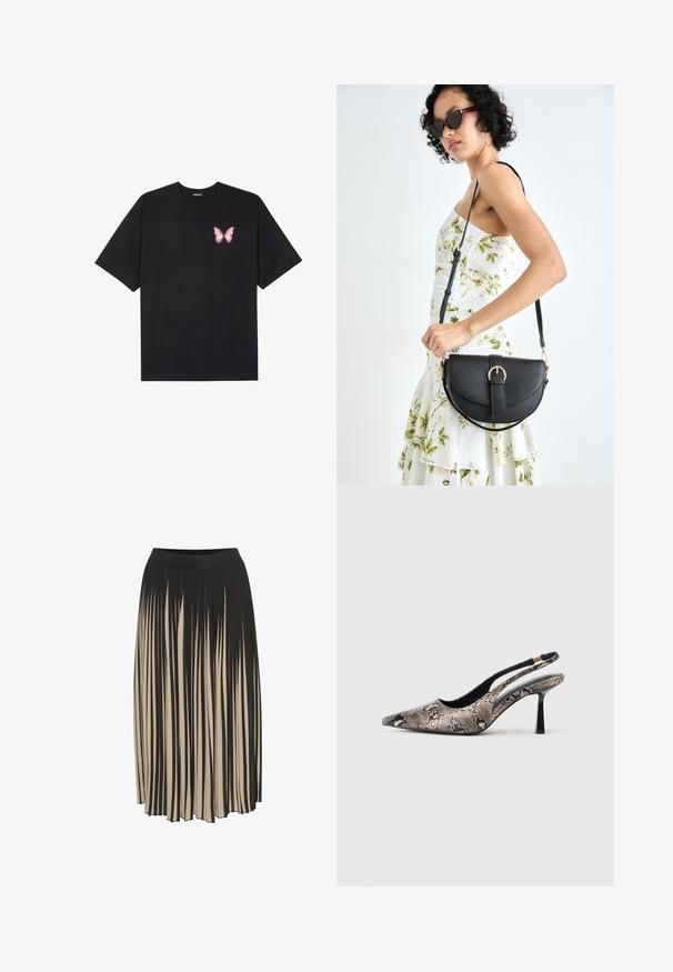 Fekete pamut póló rövid ujjakkal, bal mellkason egy kis rózsaszín pillangó grafikával. Kerek nyakú kialakítás, laza fazonnal.; Fodros midi szoknya fekete és bézs színben, magas elasztikus derékkal, függőleges csíkokkal és áramló, mozgásra ösztönző kialakítással.; Ívelt orrú slingback cipők, amelyek texturált kígyóbőr hatású anyagból készültek, karcsú fekete sarokkal és oldalsó kivágásos dizájnnal rendelkeznek.; Fekete bőrtáska ívelt formával, levehető pánttal és arany színű fémrészekkel. A táskán egy csattal díszített fedél található.