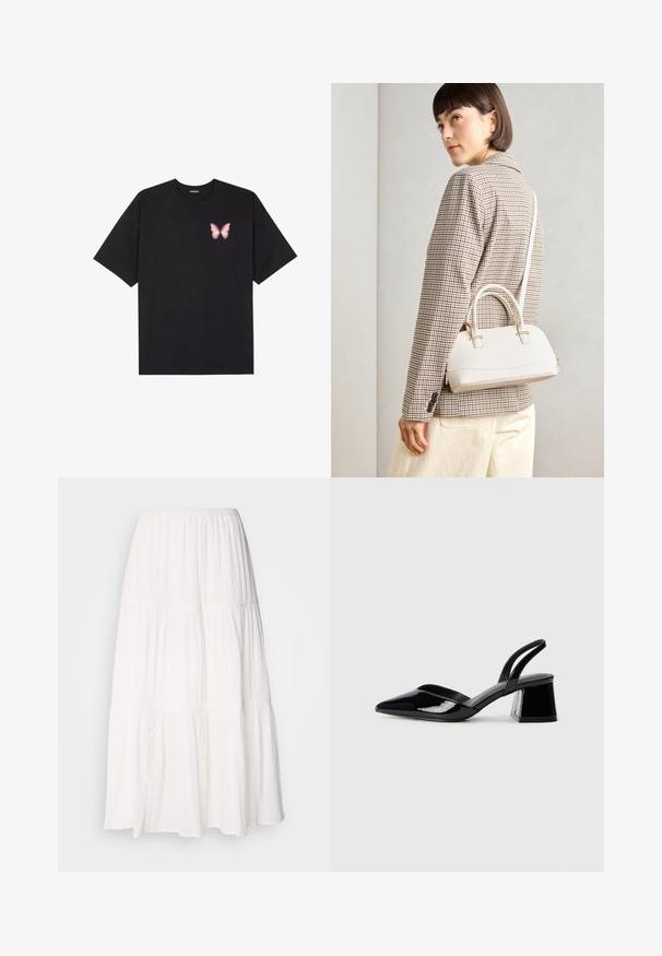 Črna bombažna majica s kratkimi rokavi, ki ima majhen roza metuljček na levi strani prsnega dela. Majica s krožnim ovratnikom in sproščenim krojem.; Bela, večerna midi krila s črto in elastiko v pasu, izdelana iz mehkega, lahkega blaga z rahlo gubanjem.; Črne lakirane slingback pete s koničastim nosom in geometrijsko blokasto peto. Imajo eleganten, minimalističen dizajn in gladko teksturo.; Bela strukturirana torba z kratkimi ročaji in naramnim trakom, z zlatimi okrasnimi elementi in teksturiranim materialom, prikazana na sivi podlagi.