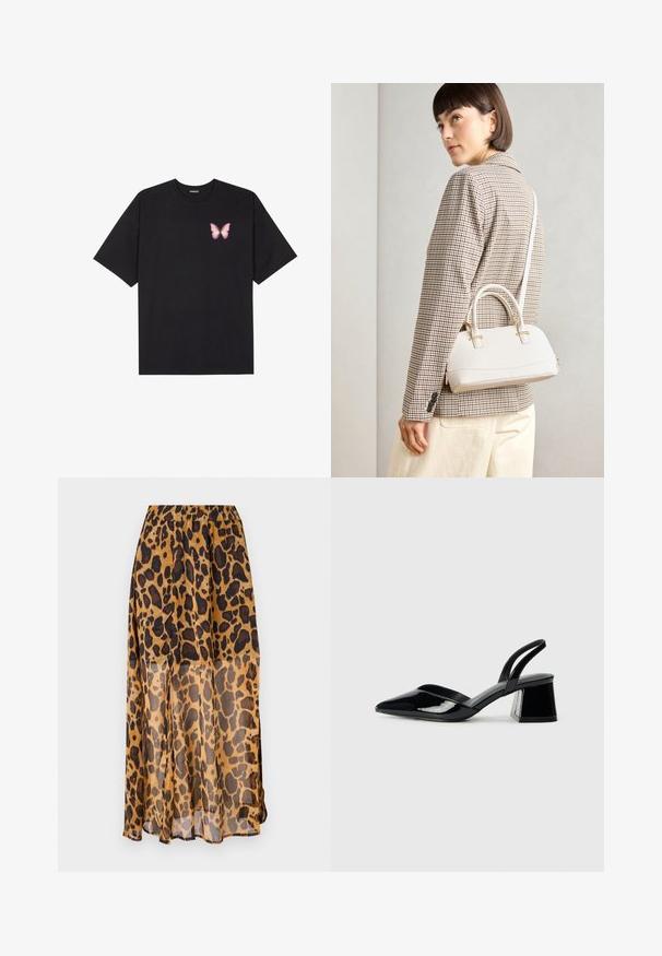 Svart bomulls T-skjorte med korte ermer, med en liten rosa sommerfugl grafikk på venstre bryst. Crew-neck design med en avslappet passform.; Løveprikket skjørt laget av lett, gjennomsiktig stoff. Har strikk i livet og en flytende design med nyanser av brunt og svarte flekker.; Svarte patentlær slingback hæler med spiss tå og geometrisk blokk hæl. Har et stilrent, minimalistisk design og jevn tekstur.; Hvit strukturert håndveske med korte håndtak og skulderreim, med detaljer i gullfinish og teksturert materiale, vist mot en grå bakgrunn.