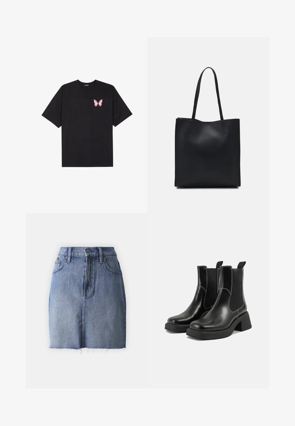 Fekete pamut póló rövid ujjakkal, bal mellkason egy kis rózsaszín pillangó grafikával. Kerek nyakú kialakítás, laza fazonnal.; Fakó kék farmer mini szoknya, rojtos szegéllyel, öt zsebes kialakítással és hagyományos gombos záródással. Változó felületű pamut anyag.; Fekete bőr Chelsea csizmák masszív sarkakkal, rugalmas oldalsó panelekkel és kontrasztos fehér varrással. Texturált felület.; Fekete bőrtáska sima felszínnel, téglalap alakú, két hosszú füllel. Nincs látható fémkiegészítő vagy díszítés.