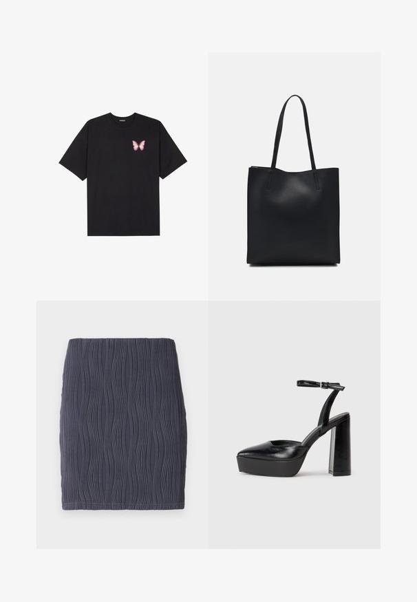 Svart bomulls T-skjorte med korte ermer, med en liten rosa sommerfugl grafikk på venstre bryst. Crew-neck design med en avslappet passform.; Mørk grå tettsittende miniskjørt med en teksturert, bølgelignende mønster og en glatt overflate. Designet med en enkel, rett kant.; Sorte plattformhelter med spiss tå og justerbar ankelrem. Laget av glatt lær, med en robust blokkhel.; Svart lær tote bag med glatt tekstur, rektangulær form og to lange håndtak. Ingen synlige deler eller dekorasjoner.
