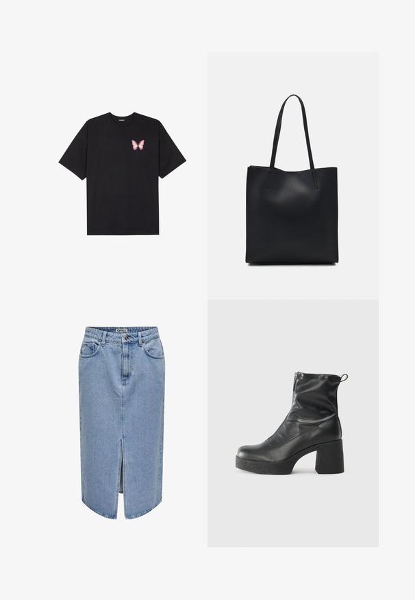 Crna pamučna majica s kratkim rukavima, s malim grafičkim prikazom ružičaste vjetricaste s desne strane na prsima. Dizajn s okruglim izrezom i opuštenim krojem.; Svijetloplava traper suknja s ravnim krojem, prednjim prorezom, dizajnom s pet džepova i patentnim zatvaračem s kopčanjem na gumbe.; Crne gležnjače od glatke kože, s bočnim zatvaračem, debelim teksturiranim potplatom i dizajnom s zaobljenim prstima.; Crna kožna torba za nošenje s glatkom teksturom, pravokutnim oblikom i dvije duge ručke. Nema vidljivih metalnih dijelova ili ukrasa.