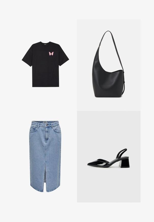 Zwarte katoenen t-shirt met korte mouwen, voorzien van een kleine roze vlinder graphic op de linkerkant van de borst. Crew neck ontwerp met een relaxte fit.; Lichtblauwe denim rok met een rechte snit, een voorpnie, vijf zakken en een rits met knoopsluiting.; Zwarte gepatineerde leren slingback hakken met een spitse neus en een geometrische blokhak. Kenmerkt zich door een slank, minimalistisch ontwerp en een gladde textuur.; Zwarte leren hobo tas met een gladde textuur, kromme vorm en een enkele verstelbare schouderband; heeft een brede opening aan de bovenkant.