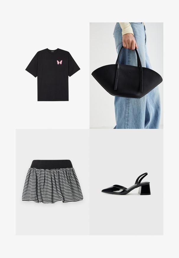 T-shirt de algodão preto com mangas curtas, apresentando um pequeno gráfico de borboleta rosa no lado esquerdo do peito. Design de gola redonda com um corte solto.; Saia riscada a preto e branco com um design franzido e cintura elástica, feita de material suave. Apresenta uma forma evasê para maior volume.; Sandy em verniz preto com salto slingback, ponta afilada e salto geométrico. Apresenta um design elegante e minimalista com textura suave.; Bolsa de mão em couro preto com uma forma única em leque, apresentando alças planas. A superfície tem uma textura pebble e um design minimalista.