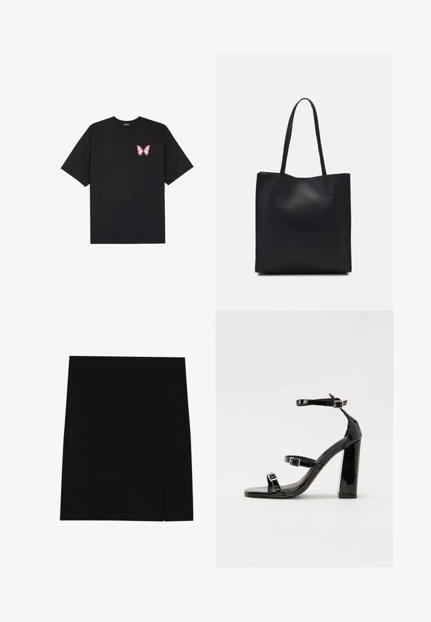 Black cotton t-shirt with short sleeves, featuring a small pink butterfly graphic on the left chest. Crew neck design with a relaxed fit.; Black mini skirt made of soft fabric with a fitted design, featuring a slight slit on the side for added detail.; Black patent high-heeled sandals with two buckle straps, square toe, and a chunky block heel, featuring a smooth, glossy texture.; Black leather tote bag with smooth texture, rectangular shape, and two long handles. No visible hardware or embellishments.