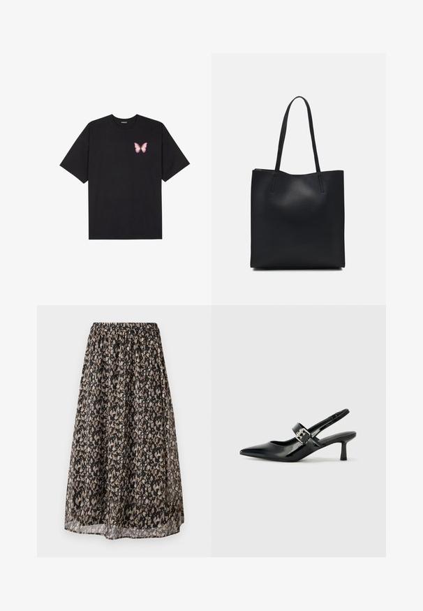 Sort bomulds T-shirt med korte ærmer, prydet med en lille pink sommerfugl grafik på venstre bryst. Rund hals design med en afslappet pasform.; Sorte midi-nederdel lavet af letvægtsstof med et blomstermønster i tan og creme. Elastisk talje for justerbar pasform.; Sorte laker slingback hæle med spids tå og en lille blokhæl, med en sølvspændeaccent på remmen.; Sort læder tote taske med glat tekstur, rektangulær form og to lange hanke. Ingen synlig hardware eller udsmykninger.