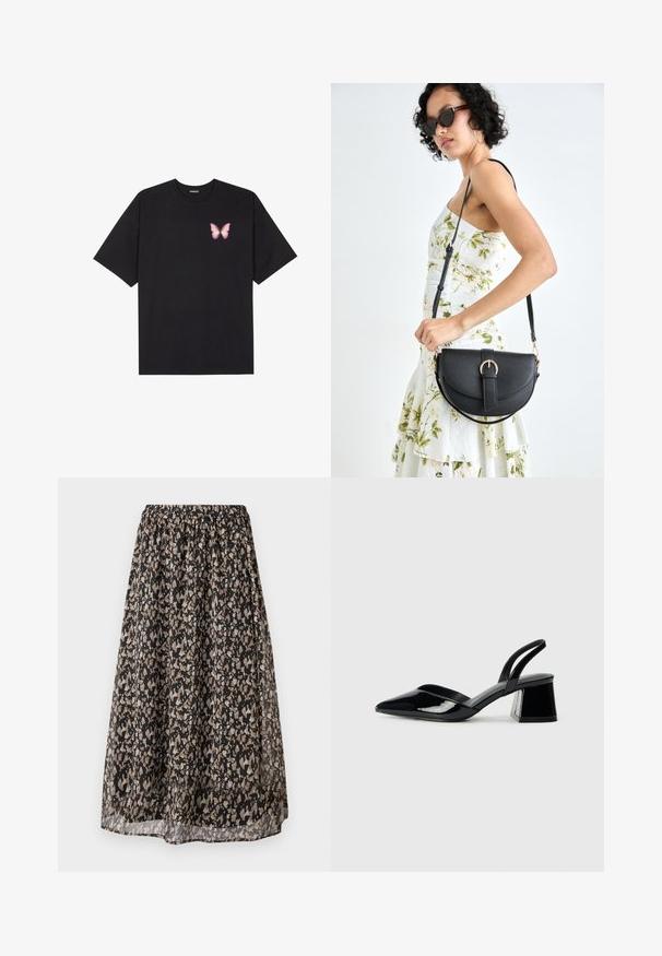 Crna pamučna majica s kratkim rukavima, s malim grafičkim prikazom ružičaste vjetricaste s desne strane na prsima. Dizajn s okruglim izrezom i opuštenim krojem.; Crna midi suknja od lagane tkanine, s cvjetnim uzorkom u tan i krem nijansama. Elastična pojas za prilagodljivo odgovaranje.; Crne lakirane kožne sandale s otvorenom petom i špicastim vrhom, s geometrijskom blok petom. Imaju elegantan, minimalistički dizajn i glatku teksturu.; Crna kožna torba s lukovitim oblikom, odvojivim remenom i zlatnim detaljima. Torba ima preklop s kopčom.