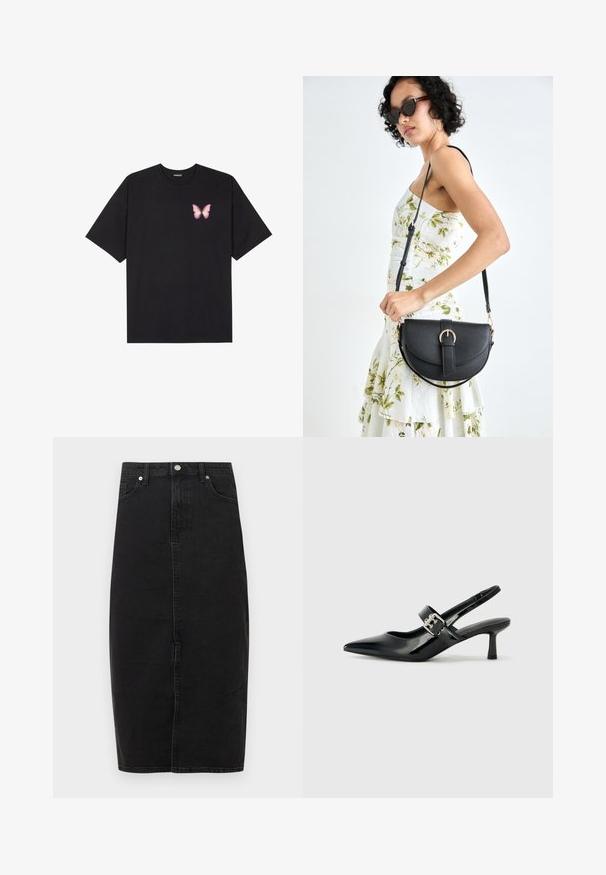 Black cotton t-shirt with short sleeves, featuring a small pink butterfly graphic on the left chest. Crew neck design with a relaxed fit.; Black denim skirt with a high waist, knee-length hem, front seam, and classic five-pocket design. Features metallic button and subtle texture.; Black patent leather slingback heels with a pointed toe and a small block heel, featuring a silver buckle accent on the strap.; Black leather handbag with a curved shape, detachable strap, and gold hardware. The bag features a flap with a buckle detail.