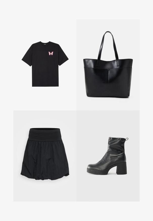 T-shirt nera in cotone con maniche corte, caratterizzata da una piccola grafica di una farfalla rosa sul lato sinistro del petto. Design a girocollo con una vestibilità rilassata.; La gonna nera presenta una ampia vita elasticizzata e un design in tessuto leggero e arricciato, creando una forma morbida con una sottile texture.; Stivali neri alla caviglia in pelle liscia, con zip laterale, tacco spesso e texture, e punta arrotondata.; Borsa a tracolla in pelle nera con due manici lunghi, una texture liscia e una forma strutturata. Presenta una tasca frontale per ulteriore spazio di archiviazione.