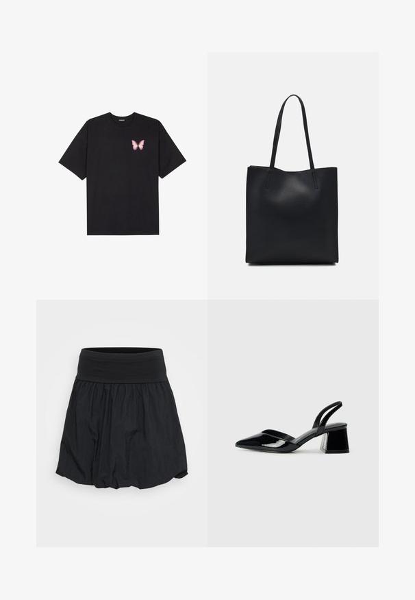 Černé bavlněné tričko s krátkým rukávem, na levém prsou s malou grafikou růžové motýlky. Design s kruhovým výstřihem a volným střihem.; Černá sukně má široký elastický pas a design z lehké látky s nabíraným detailem, což vytváří splývavý tvar s jemnou texturou.; Černé lakované kožené lodičky na pásku s špičatou špičkou a geometrickým blokovým podpatkem. Vyznačují se elegantním, minimalistickým designem a hladkým povrchem.; Černá kožená taška přes rameno s hladkým povrchem, obdélníkovým tvarem a dvěma dlouhými uchy. Žádné viditelné kování ani ozdoby.
