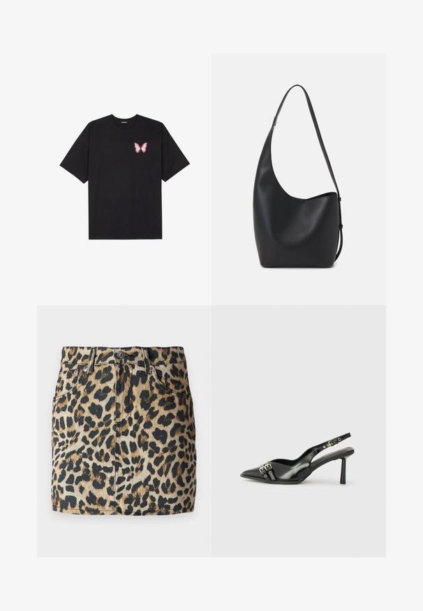 Melna kokvilnas T-krekls ar īsām piedurknēm, kuram priekšā kreisajā pusē ir neliels rozā tauriņa grafiskais attēls. Ar apaļu kaklu un brīvā stila piegriezumu.; Denims mini svārki ar leopardu rakstu brūnos un melnos toņos, ar augstu jostu un piecu kabatu dizainu. Sudraba aksesuāri.; Melnā patentēta ādas sandale ar norādītu purngalu, potītes siksniņām ar sudraba sprādzēm un aparatūru, kā arī smalku papēdi.; Melnas ādas hobo soma ar gludu tekstūru, izliekta forma un vienu regulējamu jostu; augšā ir plaša atvere.