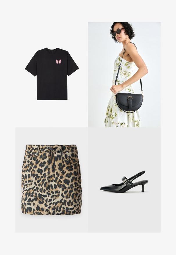 Tricou negru din bumbac cu mâneci scurte, având pe partea stângă a pieptului un mic grafic cu un fluture roz. Design cu guler rotund și croială lejeră.; Fustă mini din denim cu un model leopard în nuanțe de brun și negru, cu talie înaltă și design cu cinci buzunare. Accente din metal argintiu.; Sandale cu toc din piele patent neagră, cu vârful ascuțit și un toc mic bloc, având un accent cu cataramă argintie pe curea.; Geantă din piele neagră, cu o formă curbată, curea detașabilă și accesorii aurii. Geanta are un capac cu un detaliu tip cataramă.