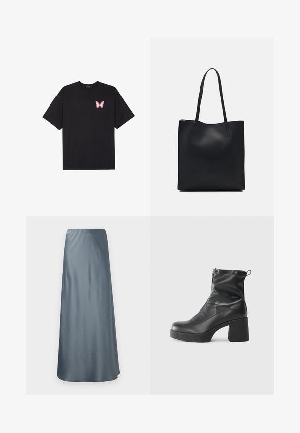 Musta puuvillapaita lyhyillä hihoilla, jossa on pieni vaaleanpunainen perhosgrafiikka vasemmassa rinnassa. Pyöreä kaula-aukko ja rento istuvuus.; Satin-maksihame vaaleansin灰hzh靜,具有光滑的質地和翻折腰部,直地垂到地板。; Mustat nilkkurit, jotka on valmistettu sileästä nahasta. Niissä on sivuvetoketju, paksu teksturoitu korko ja pyöristetty kärki.; Mustapahkainen kangaskassi, jossa on sileä pinta, suorakaiteen muotoinen ja kaksi pitkää kahvaa. Ei näkyvää metalliosaa tai koristeita.