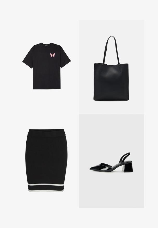 Fekete pamut póló rövid ujjakkal, bal mellkason egy kis rózsaszín pillangó grafikával. Kerek nyakú kialakítás, laza fazonnal.; Fekete kötött szoknya, amely illeszkedő fazonú és széles, rugalmas derékrésszel rendelkezik. Az alsó szélen fehér csík díszíti, kiemelve a szoknya alját.; Fekete lakk bőr szandálkés magas sarkú cipő, hegyes orral és geometrikus tömbsarkakkal. Karcsú, minimalista dizájn és sima textúra jellemzi.; Fekete bőrtáska sima felszínnel, téglalap alakú, két hosszú füllel. Nincs látható fémkiegészítő vagy díszítés.