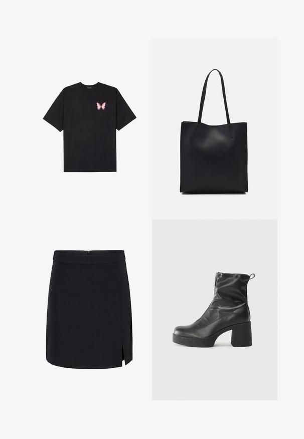 Černé bavlněné tričko s krátkým rukávem, na levém prsou s malou grafikou růžové motýlky. Design s kruhovým výstřihem a volným střihem.; Černá mini sukně vyrobená z hladké tkaniny s přiléhavým pasem, se bočním rozparkem a skrytým zipem na zadní straně.; Černé kotníkové boty vyrobené z hladké kůže, s bočním zipem, robustním strukturovaným podpatkem a kulatou špičkou.; Černá kožená taška přes rameno s hladkým povrchem, obdélníkovým tvarem a dvěma dlouhými uchy. Žádné viditelné kování ani ozdoby.