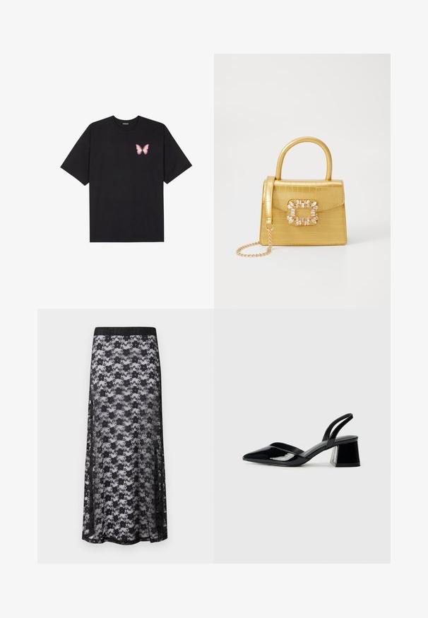 Svart bomulls T-skjorte med korte ermer, med en liten rosa sommerfugl grafikk på venstre bryst. Crew-neck design med en avslappet passform.; Svart blonde maxiskjørt med bølgete mønster, transparent tekstur og bred svart midje for en sikker passform.; Svarte patentlær slingback hæler med spiss tå og geometrisk blokk hæl. Har et stilrent, minimalistisk design og jevn tekstur.; Gul faux-krokodille veske med en strukturert design, toppen håndtak, avtagbar kjede stropp, og dekorativ krystallbortsettelse på låsen.