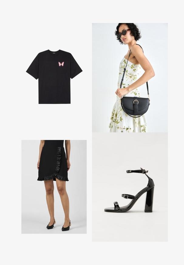 T-shirt de algodão preto com mangas curtas, apresentando um pequeno gráfico de borboleta rosa no lado esquerdo do peito. Design de gola redonda com um corte solto.; Saia mini preta com um design cruzado, apresentando uma bainha em forma de babado e um painel vertical em imitação de couro, feita de um material têxtil suave.; Sandálias pretas de verniz com salto alto, duas fivelas, biqueira quadrada e salto largo, apresentando uma textura lisa e brilhante.; Bolsa de couro preta com forma curva, alça destacável e detalhes em dourado. A bolsa possui uma aba com detalhe de fivela.