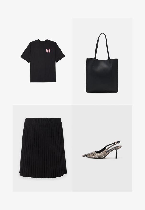Fekete pamut póló rövid ujjakkal, bal mellkason egy kis rózsaszín pillangó grafikával. Kerek nyakú kialakítás, laza fazonnal.; Fekete bordás kötött szoknya széles derékpánttal, függőleges pliszékkel és bővülő szegéllyel. Egyenletes textúra az egész anyagon.; Ívelt orrú slingback cipők, amelyek texturált kígyóbőr hatású anyagból készültek, karcsú fekete sarokkal és oldalsó kivágásos dizájnnal rendelkeznek.; Fekete bőrtáska sima felszínnel, téglalap alakú, két hosszú füllel. Nincs látható fémkiegészítő vagy díszítés.
