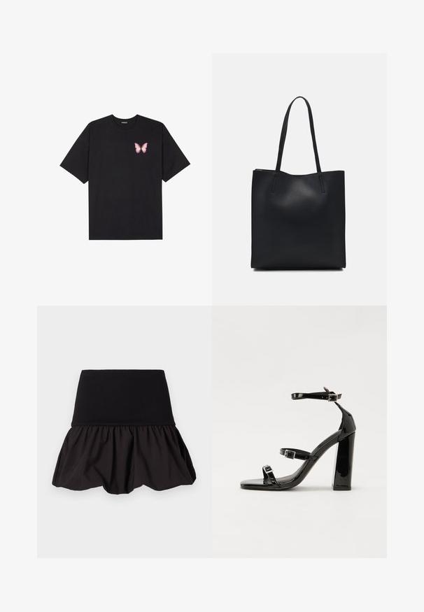 Fekete pamut póló rövid ujjakkal, bal mellkason egy kis rózsaszín pillangó grafikával. Kerek nyakú kialakítás, laza fazonnal.; Fekete bővülő szoknya bordás derékkal és ráncolt textúrával az alján, könnyű anyagból készült a kényelem és a mozgás érdekében.; Fekete lakk magas sarkú szandál négyzet alakú orral, bokapántokkal és ezüst csatokat tartalmaz. Masszív blokk sarka a stabilitásért felel.; Fekete bőrtáska sima felszínnel, téglalap alakú, két hosszú füllel. Nincs látható fémkiegészítő vagy díszítés.
