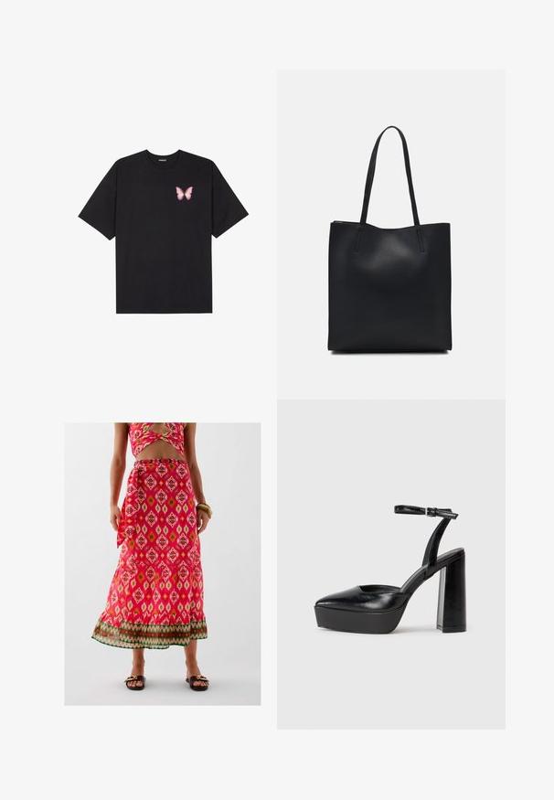 Sort bomulds T-shirt med korte ærmer, prydet med en lille pink sommerfugl grafik på venstre bryst. Rund hals design med en afslappet pasform.; Maxi nederdel med blomsterprint i pink, med en volangkant og grønne detaljer. Lavet af letvægtsstof med en knyttet bånddetalje.; Sorte platformhæle med spidse tæer og justerbar ankelrem. Construeret i glat læder, med en kraftig blokhæl.; Sort læder tote taske med glat tekstur, rektangulær form og to lange hanke. Ingen synlig hardware eller udsmykninger.