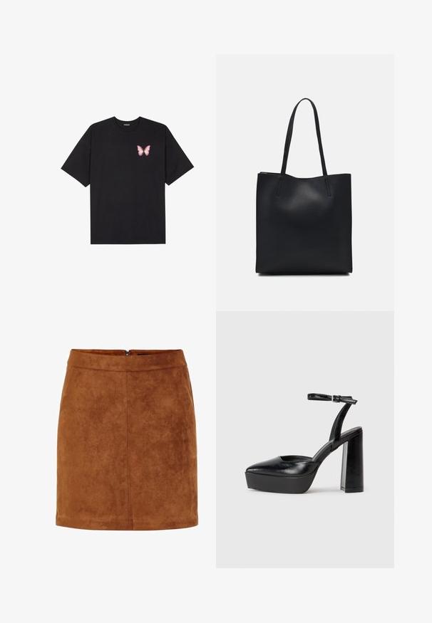 Fekete pamut póló rövid ujjakkal, bal mellkason egy kis rózsaszín pillangó grafikával. Kerek nyakú kialakítás, laza fazonnal.; Barna velúr mini szoknya sima textúrával, egyenes szabással és diszkrét hátsó cipzárral. Alakot adó varrási részletekkel rendelkezik.; Fekete platform magassarkú cipők hegyes orral és állítható bokapánttal. Sima bőrből készült, vastag talppal.; Fekete bőrtáska sima felszínnel, téglalap alakú, két hosszú füllel. Nincs látható fémkiegészítő vagy díszítés.