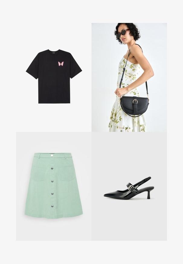 Fekete pamut póló rövid ujjakkal, bal mellkason egy kis rózsaszín pillangó grafikával. Kerek nyakú kialakítás, laza fazonnal.; Mentazöld farmer szoknya gombos záródással, két elülső zsebbel és bővülő szabással. Texturált anyag, látható varrási részletekkel.; Fekete lakkbőr slingback sarkú cipők hegyes orral és kis blokk talppal, ezüst csat díszítéssel a pánton.; Fekete bőrtáska ívelt formával, levehető pánttal és arany színű fémrészekkel. A táskán egy csattal díszített fedél található.