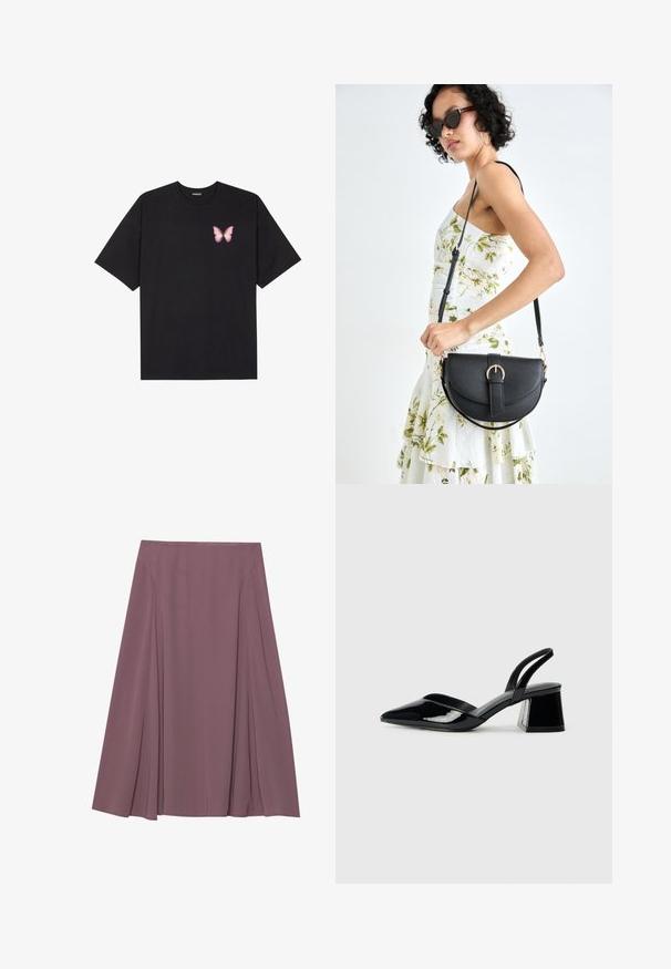 Schwarzes Baumwoll-T-Shirt mit kurzen Ärmeln, das ein kleines pinkes Schmetterlingsmotiv auf der linken Brust zeigt. Crewneck-Design mit einem entspannten Schnitt.; Ein knielanger Rock in einem sanften Mauve-Ton, aus leichtem Stoff mit plissiertem Design und glatter Textur. Keine sichtbaren Verschlüsse.; Schwarze Lackleder-Slingback-High Heels mit spitzem Schuh und einem geometrischen Blockabsatz. Verfügt über ein schlankes, minimalistisches Design und eine glatte Textur.; Schwarze Lederhandtasche mit geschwungener Form, abnehmbarem Tragegurt und goldenen Beschlägen. Die Tasche verfügt über einen Deckel mit einer Schnallen-Details.