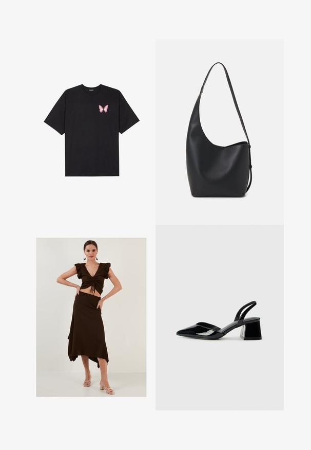 Black cotton t-shirt with short sleeves, featuring a small pink butterfly graphic on the left chest. Crew neck design with a relaxed fit.; Brown ribbed co-ord set featuring a cropped top with ruffle sleeves and a high-waisted asymmetrical skirt. Smooth texture, fitted design.; Black patent leather slingback heels with a pointed toe and a geometric block heel. Features a sleek, minimal design and smooth texture.; Black leather hobo bag with a smooth texture, curved shape, and single adjustable strap; features a wide opening at the top.