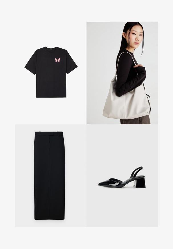 Svart bomulls T-skjorte med korte ermer, med en liten rosa sommerfugl grafikk på venstre bryst. Crew-neck design med en avslappet passform.; Svart, rettskåret skjørt laget av glatt stoff. Har en midjebånd med beltestropper og en ren sømkant. Minimalistisk design.; Svarte patentlær slingback hæler med spiss tå og geometrisk blokk hæl. Har et stilrent, minimalistisk design og jevn tekstur.; Beige håndveske laget av mykt materiale, med en slapp design, sydd detaljer og to skulderstropper. Passer for daglig bruk.