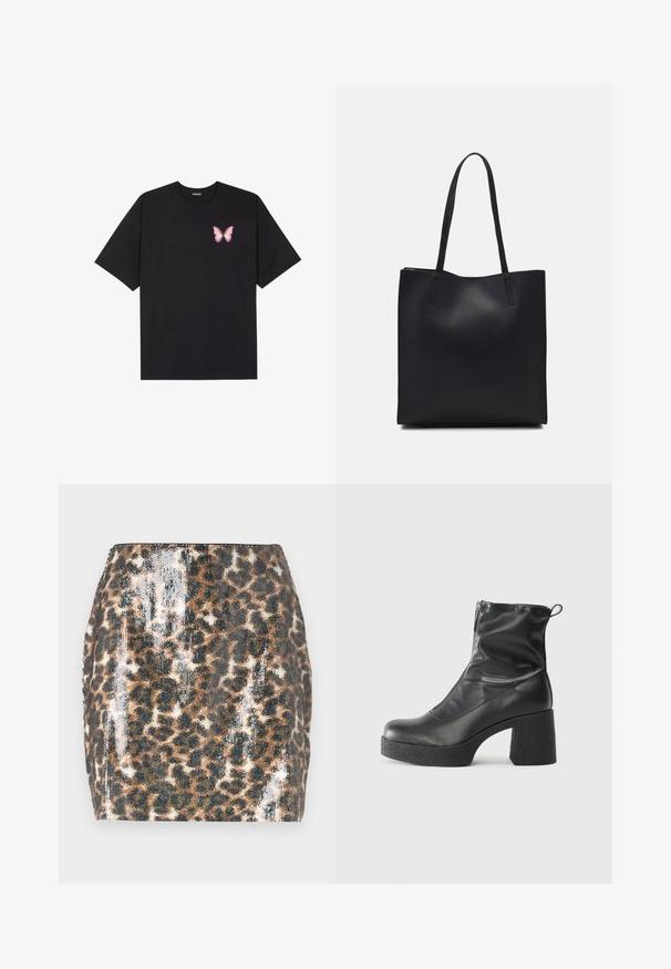 Crna pamučna majica s kratkim rukavima, s malim grafičkim prikazom ružičaste vjetricaste s desne strane na prsima. Dizajn s okruglim izrezom i opuštenim krojem.; Mini suknja s uzorkom leoparda koja se ističe sjajnim materijalom, prilagođenim krojem, smeškim i crnim tonovima, te ravnim rubom.; Crne gležnjače od glatke kože, s bočnim zatvaračem, debelim teksturiranim potplatom i dizajnom s zaobljenim prstima.; Crna kožna torba za nošenje s glatkom teksturom, pravokutnim oblikom i dvije duge ručke. Nema vidljivih metalnih dijelova ili ukrasa.
