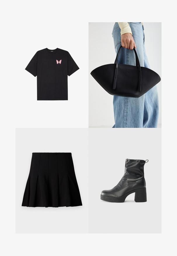 Juodas medvilnės marškinėliai trumpomis rankovėmis, su maža rožine drugelio grafika kairėje krūtinės pusėje. Apvalus kaklo iškirpimas, laisvas kirpimas.; Juoda trumpa klostuota sijonas, pagamintas iš lygios medžiagos. Turi elastingą juosmenį ir plačią siluetą, kuris siekia iki vidurio šlaunies.; Juodos kulkšninių botai, pagaminti iš lygaus odos, su šoniniu užtrauktuku, masyviu tekstūruotu kulnu ir apvaliu pirštu.; Juodas odinis rankinis uždangalas unikaliu ventiliatoriaus formos dizainu, turintis plokščias rankenas. Paviršius turi akmeninė tekstūrą ir minimalistišką dizainą.