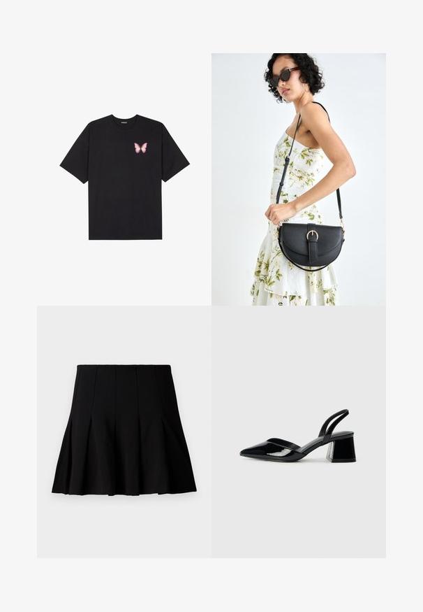 Black cotton t-shirt with short sleeves, featuring a small pink butterfly graphic on the left chest. Crew neck design with a relaxed fit.; Black short pleated skirt made from a smooth fabric. Features an elastic waistband and a flared silhouette that extends to mid-thigh.; Black patent leather slingback heels with a pointed toe and a geometric block heel. Features a sleek, minimal design and smooth texture.; Black leather handbag with a curved shape, detachable strap, and gold hardware. The bag features a flap with a buckle detail.
