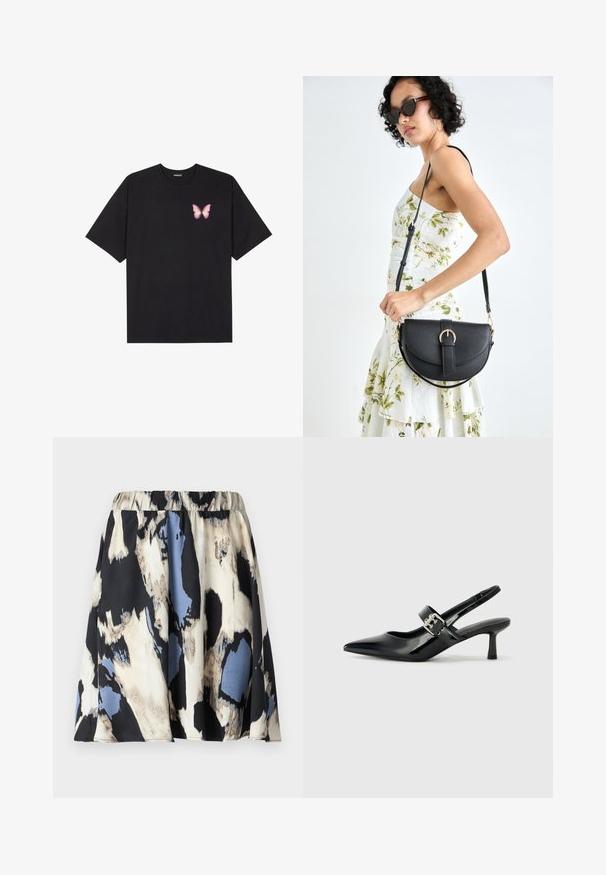 Tricou negru din bumbac cu mâneci scurte, având pe partea stângă a pieptului un mic grafic cu un fluture roz. Design cu guler rotund și croială lejeră.; Fustă scurtă plisată cu talie elastică, având un model abstract în nuanțe de crem, negru și albastru, realizată dintr-un material neted.; Sandale cu toc din piele patent neagră, cu vârful ascuțit și un toc mic bloc, având un accent cu cataramă argintie pe curea.; Geantă din piele neagră, cu o formă curbată, curea detașabilă și accesorii aurii. Geanta are un capac cu un detaliu tip cataramă.