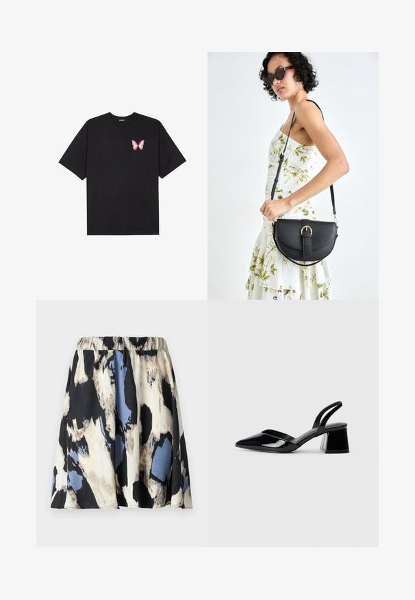 Tricou negru din bumbac cu mâneci scurte, având pe partea stângă a pieptului un mic grafic cu un fluture roz. Design cu guler rotund și croială lejeră.; Fustă scurtă plisată cu talie elastică, având un model abstract în nuanțe de crem, negru și albastru, realizată dintr-un material neted.; Pantofi cu toc slingback din piele lacuită neagră, cu vârf ascuțit și toc geometric. Prezintă un design elegant, minimalist și o textură netedă.; Geantă din piele neagră, cu o formă curbată, curea detașabilă și accesorii aurii. Geanta are un capac cu un detaliu tip cataramă.