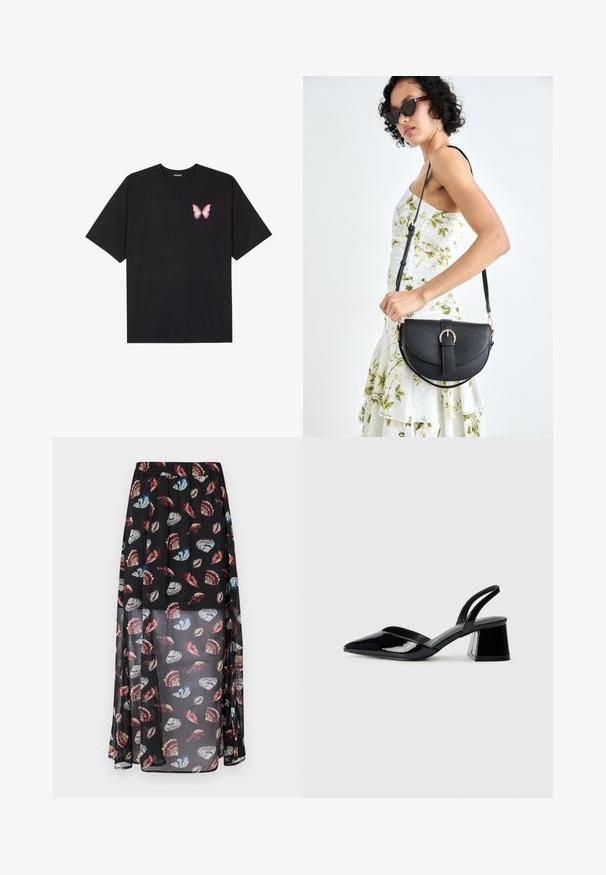 Tricou negru din bumbac cu mâneci scurte, având pe partea stângă a pieptului un mic grafic cu un fluture roz. Design cu guler rotund și croială lejeră.; Fustă maxi neagră, transparentă, cu un bandă elastică, care prezintă un imprimeu multicolor cu scoici și fluturi. Material ușor și fluid.; Pantofi cu toc slingback din piele lacuită neagră, cu vârf ascuțit și toc geometric. Prezintă un design elegant, minimalist și o textură netedă.; Geantă din piele neagră, cu o formă curbată, curea detașabilă și accesorii aurii. Geanta are un capac cu un detaliu tip cataramă.