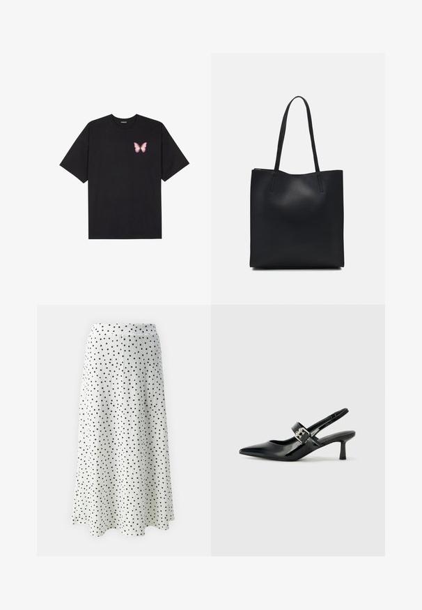 Svart bomullströja med korta ärmar, med en liten rosa fjärilsgrafik på vänster bröst. Rundad halsdesign med en avslappnad passform.; Vit midi kjol med svarta prickar, utformad med ett strukturerat tyg och en utsvängd silhuett, avslutad med ett subtilt midjeband.; Svarta patentläder slingback-klackar med spetsig tå och en liten blockklack, med en silvrig spänneaccent på remmen.; Svart lädertoffelväska med slät textur, rektangulär form och två långa handtag. Ingen synlig hårdvara eller dekorationer.