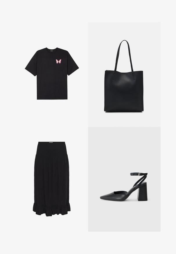 T-shirt en coton noir à manches courtes, avec un petit graphique de papillon rose sur la poitrine gauche. Modèle à col rond avec une coupe décontractée.; Jupe midi noire avec une taille smockée, fabriquée en tissu léger, dotée de plis et d'un ourlet volanté pour plus de détails.; Escarpin noir en cuir à bout pointu avec une bride de cheville et un talon épais. Texture lisse, design élégant et esthétique minimaliste.; Sac fourre-tout en cuir noir avec une texture lisse, de forme rectangulaire et deux longues poignées. Pas de matériel ou d'ornementations visibles.
