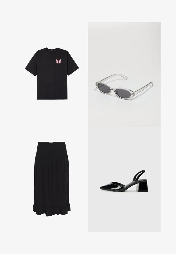 T-shirt nera in cotone con maniche corte, caratterizzata da una piccola grafica di una farfalla rosa sul lato sinistro del petto. Design a girocollo con una vestibilità rilassata.; Gonna nera midi con vita arricciata, realizzata in tessuto leggero, con pieghe e un orlo arricciato per un tocco di dettaglio in più.; Décolleté in vernice nera con punta affusolata e tacco in geometria cubica. Presentano un design elegante e minimalista, con una texture liscia.; Occhiali da sole con forma ovale, montatura in plastica trasparente, lenti grigie scure e aste sottili trasparenti con accenti di logo e dettagli minimi.; Borsa a tracolla nera in pelle con una forma curva, manico rimovibile e accessori dorati. La borsa presenta una patta con un dettaglio a fibbia.