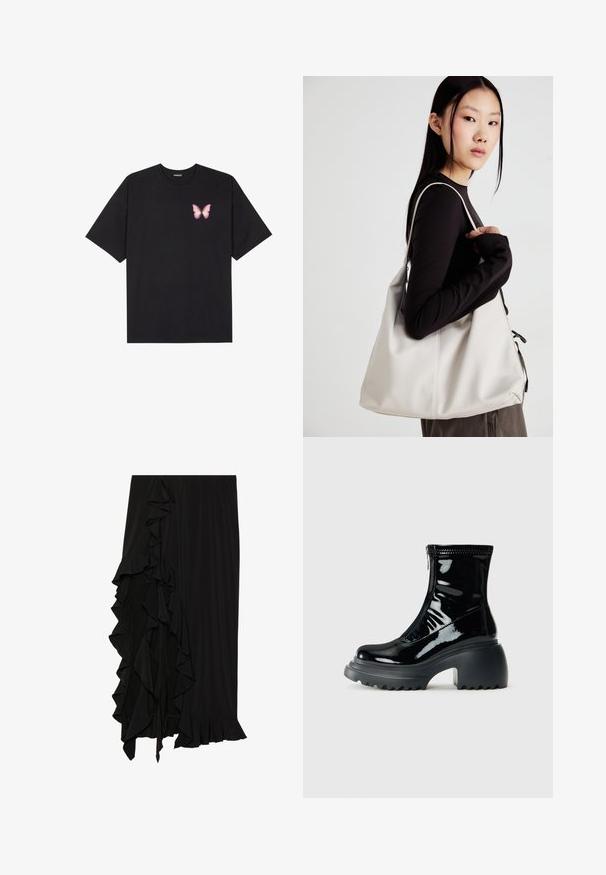 Melna kokvilnas T-krekls ar īsām piedurknēm, kuram priekšā kreisajā pusē ir neliels rozā tauriņa grafiskais attēls. Ar apaļu kaklu un brīvā stila piegriezumu.; Melna svārku izgatavoti no mīksta auduma ar mīksto detaļu pa kreisi un savelkamu apakšmalu, radot plūstošu siluetu.; Mirdzoši melni platformu potītes zābaki ar noapaļotu purngalu, masīvu papēdi, rāvējslēdzēju un biezu rievotu zoli uz balta fona.; Bežs rokassoma, izgatavota no mīksta materiāla, ar brīvu dizainu, izšūtu apdari un divām plecu siksnām. Piemērota ikdienas lietošanai.