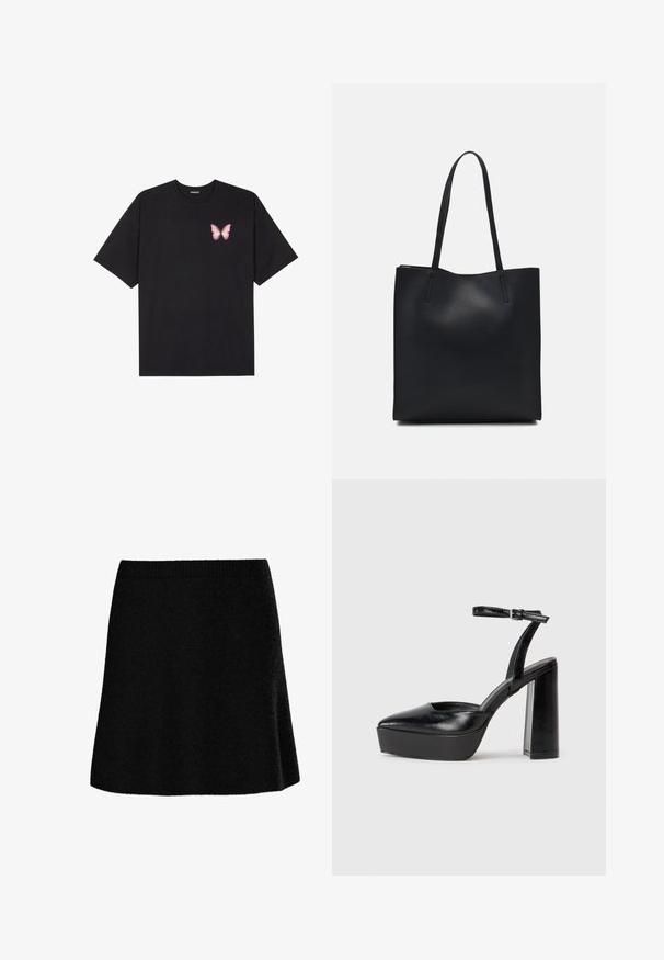 Črna bombažna majica s kratkimi rokavi, ki ima majhen roza metuljček na levi strani prsnega dela. Majica s krožnim ovratnikom in sproščenim krojem.; Črno krilo v A-obliki z teksturirano, mehko tkanino. Ponaša se s prilagojenim pasom in razširjeno silhueto, kar zagotavlja gladek, priložnosten videz.; Črne platforme z visokimi petami in koničastim nosom ter nastavljivim gležnjenjskim trakom. Narejene iz gladke usnje, s kockasto peto.; Črna usnjena torba s svilnato teksturo, pravokotne oblike in dvema dolgima ročajema. Brez vidnih metalnih delov ali okrasnih elementov.