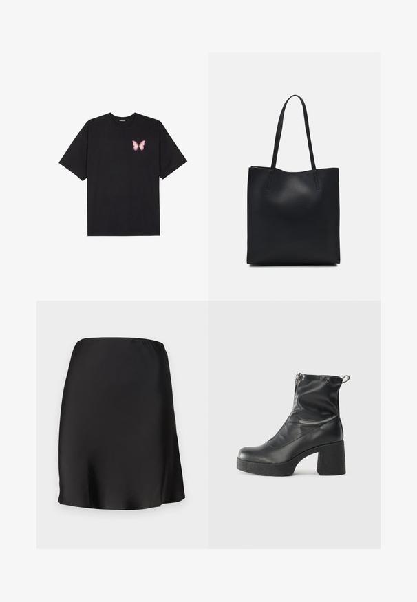 Juodas medvilnės marškinėliai trumpomis rankovėmis, su maža rožine drugelio grafika kairėje krūtinės pusėje. Apvalus kaklo iškirpimas, laisvas kirpimas.; Juodas satino mini sijonas su elastinga juostele, lygia tekstūra ir paprastu kirpimu. Be jokių raštų ar akcentų.; Juodos kulkšninių botai, pagaminti iš lygaus odos, su šoniniu užtrauktuku, masyviu tekstūruotu kulnu ir apvaliu pirštu.; Juodas odinis tote krepšys su lygia tekstūra, stačiakampio formos ir dviem ilgais rankenomis. Matomų metalinių detalių ar puošybos nėra.