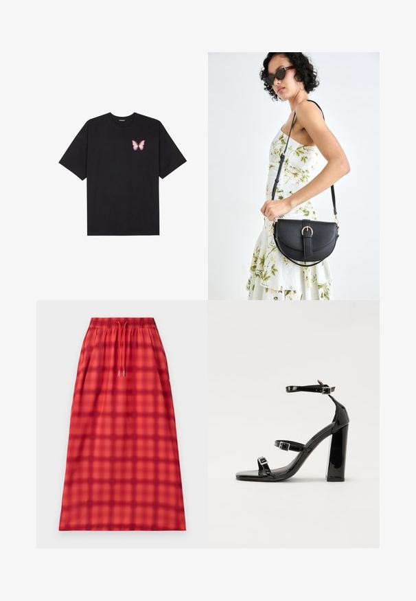 T-shirt en coton noir à manches courtes, avec un petit graphique de papillon rose sur la poitrine gauche. Modèle à col rond avec une coupe décontractée.; Jupe à carreaux rouges avec une taille élastique et un cordon de serrage. Texture lisse avec une silhouette droite. Sans embellissements supplémentaires.; Sandales à talons vernies noires avec un bout carré, des sangles autour de la cheville et des boucles en argent. Dotées d'un talon bloc épais pour plus de stabilité.; Sac à main en cuir noir avec une forme courbée, bandoulière amovible et des accessoires en or. Le sac est doté d'un rabat avec un détail de boucle.
