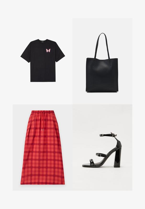 T-shirt en coton noir à manches courtes, avec un petit graphique de papillon rose sur la poitrine gauche. Modèle à col rond avec une coupe décontractée.; Jupe à carreaux rouges avec une taille élastique et un cordon de serrage. Texture lisse avec une silhouette droite. Sans embellissements supplémentaires.; Sandales à talons vernies noires avec un bout carré, des sangles autour de la cheville et des boucles en argent. Dotées d'un talon bloc épais pour plus de stabilité.; Sac fourre-tout en cuir noir avec une texture lisse, de forme rectangulaire et deux longues poignées. Pas de matériel ou d'ornementations visibles.