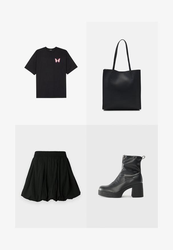 Black cotton t-shirt with short sleeves, featuring a small pink butterfly graphic on the left chest. Crew neck design with a relaxed fit.; Black skirt with an elastic waistband, featuring a pleated design. The material appears lightweight with a smooth texture.; Black ankle boots made of smooth leather, featuring a side zipper, chunky textured heel, and rounded toe design.; Black leather tote bag with smooth texture, rectangular shape, and two long handles. No visible hardware or embellishments.